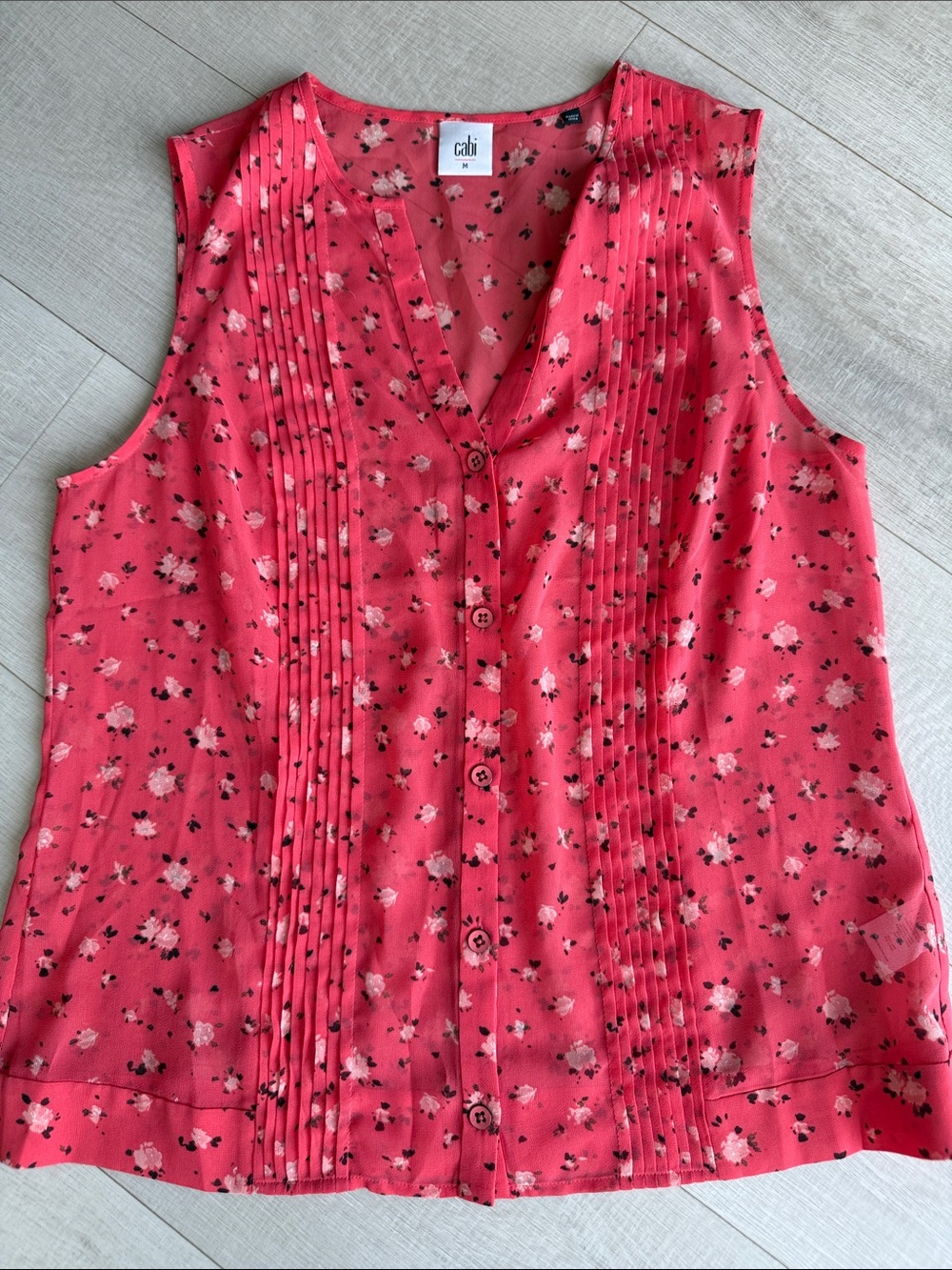 CAbi Coral Pink Floral Pintuck Button-Front Sleeveless Top
